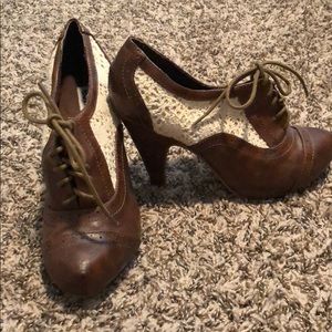 Brown and cream lace booties